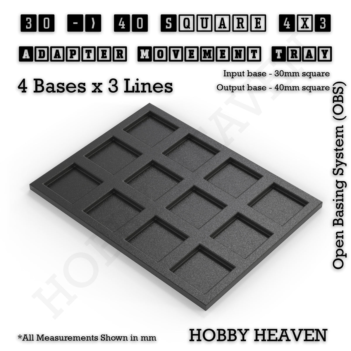 CGI render of the 30 to 40 mm square adapter, 4 × 3 formation, with 12 seats for 30 mm square bases.