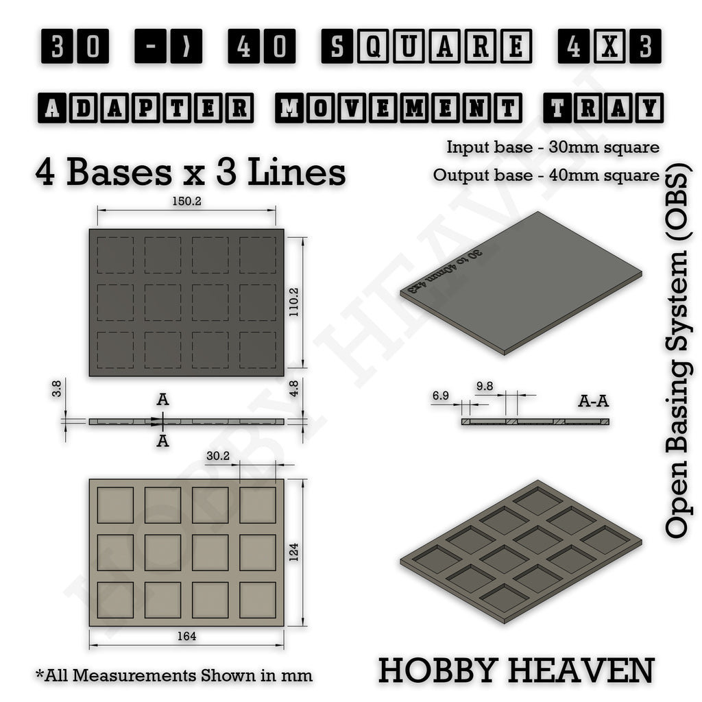 Technical drawing of the 30 to 40 mm square adapter, 4 × 3 formation: 164 × 124 mm overall, 4.8 mm tall.