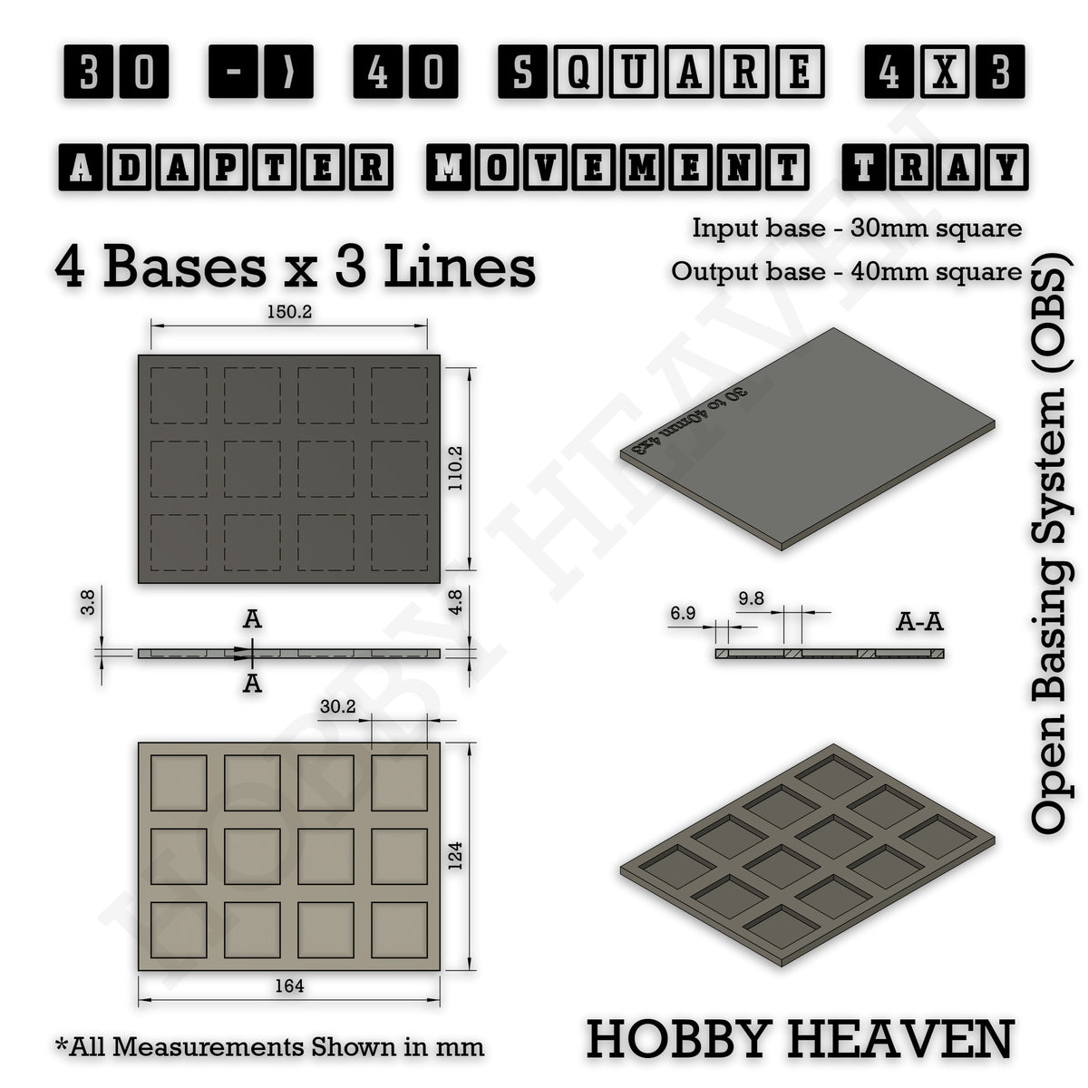 Technical drawing of the 30 to 40 mm square adapter, 4 × 3 formation: 164 × 124 mm overall, 4.8 mm tall.