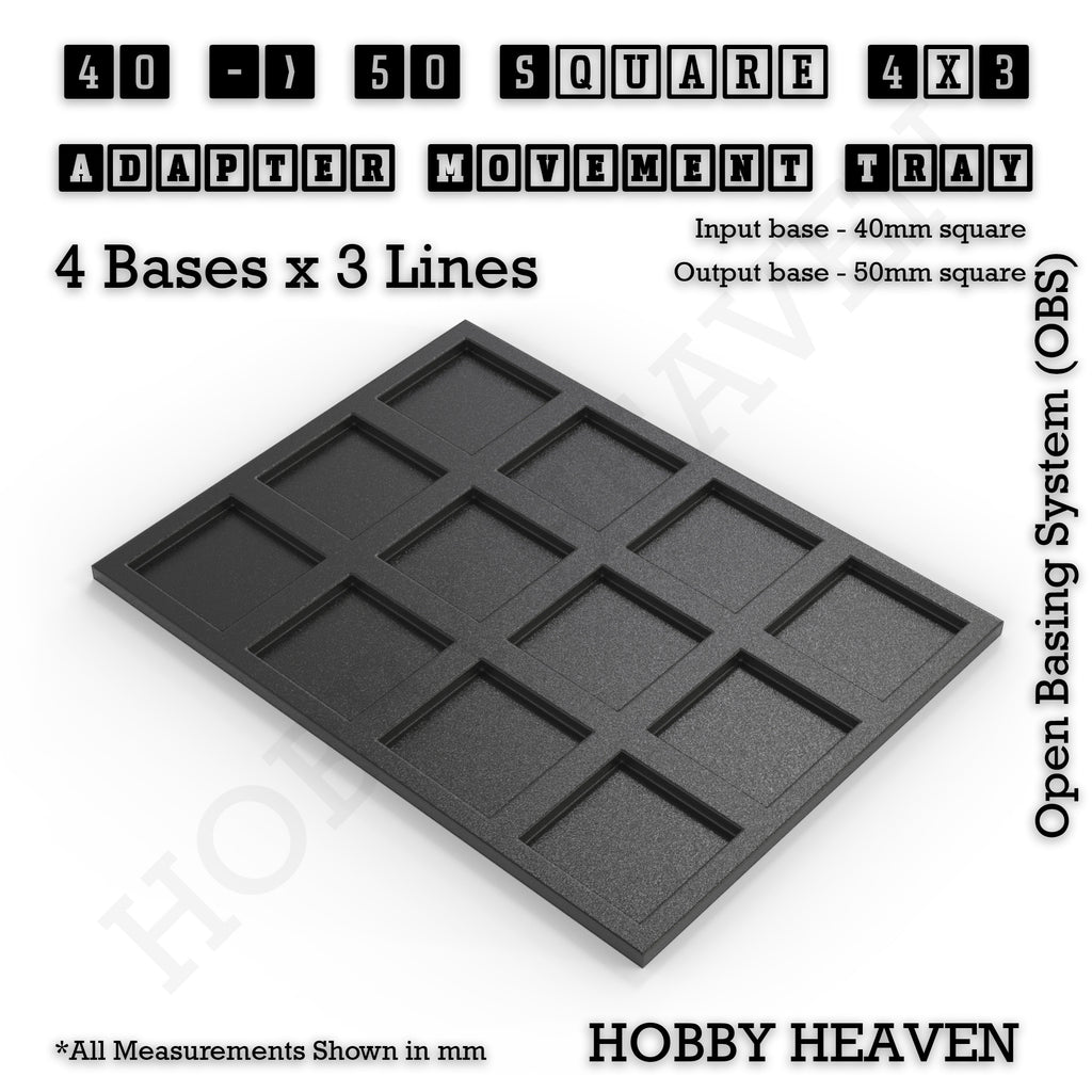 CGI render of the 40 to 50 mm square adapter, 4 × 3 formation, with 12 seats for 40 mm square bases.