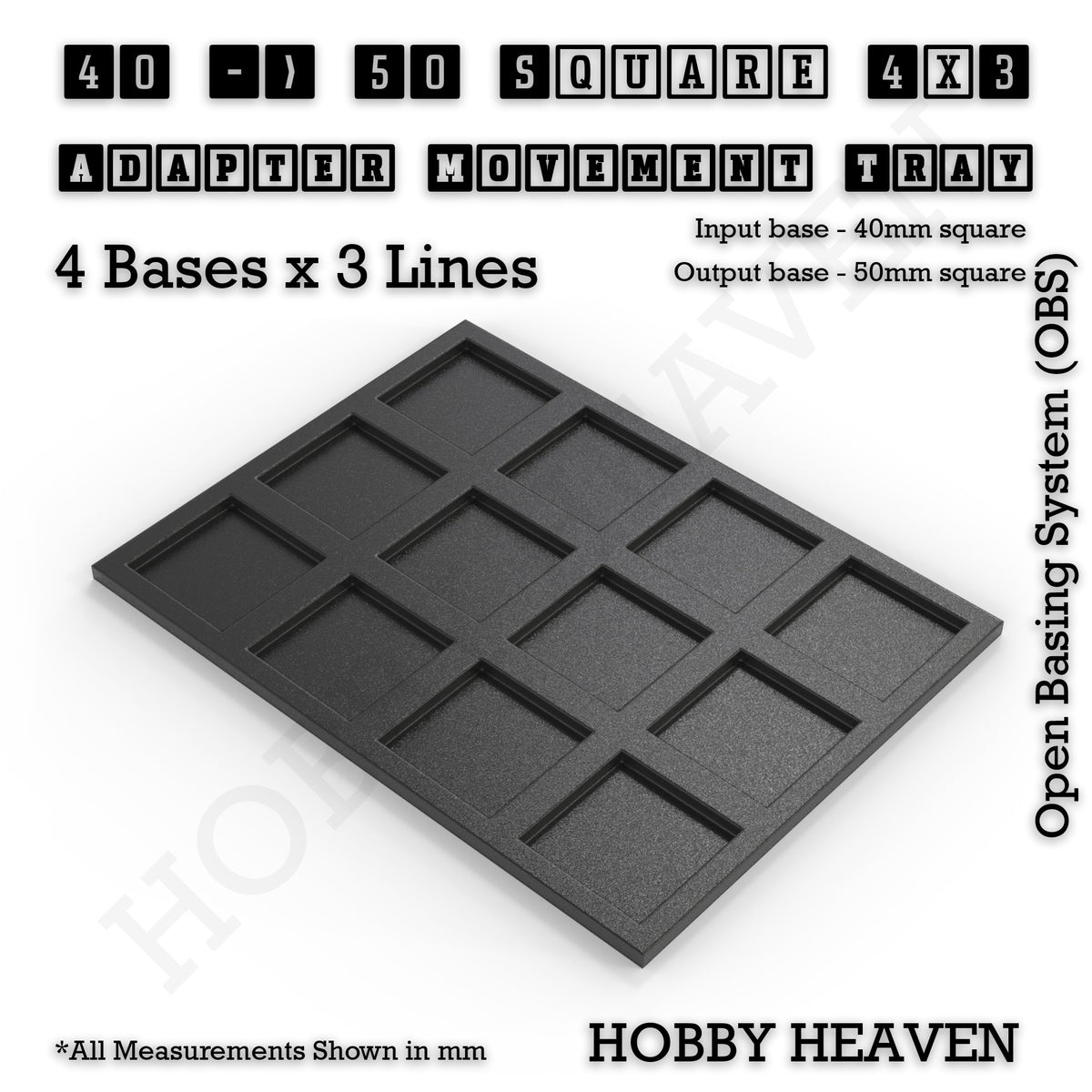 CGI render of the 40 to 50 mm square adapter, 4 × 3 formation, with 12 seats for 40 mm square bases.