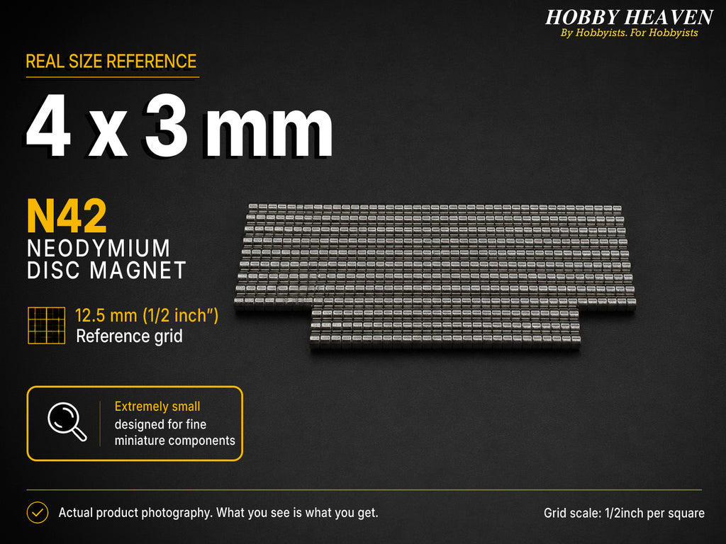 Stacked rows of 4 x 3 mm N42 neodymium disc magnets shown at real size on a half-inch reference grid