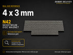 Stacked rows of 4 x 3 mm N42 neodymium disc magnets shown at real size on a half-inch reference grid