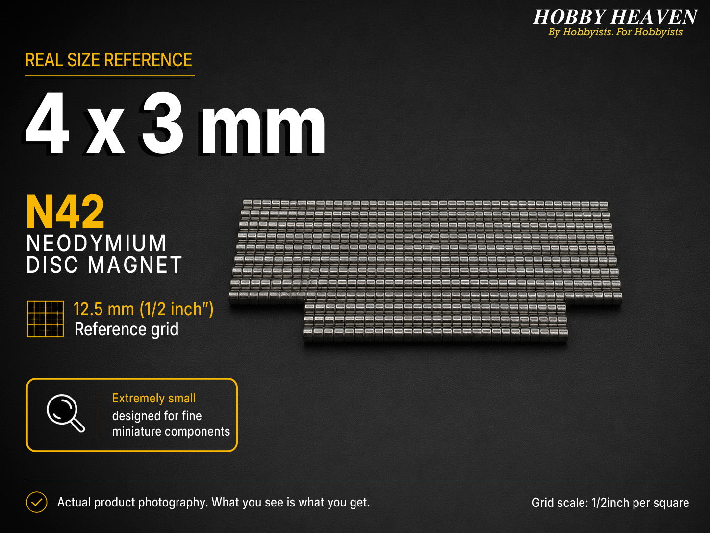 Stacked rows of 4 x 3 mm N42 neodymium disc magnets shown at real size on a half-inch reference grid