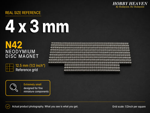 Stacked rows of 4 x 3 mm N42 neodymium disc magnets shown at real size on a half-inch reference grid