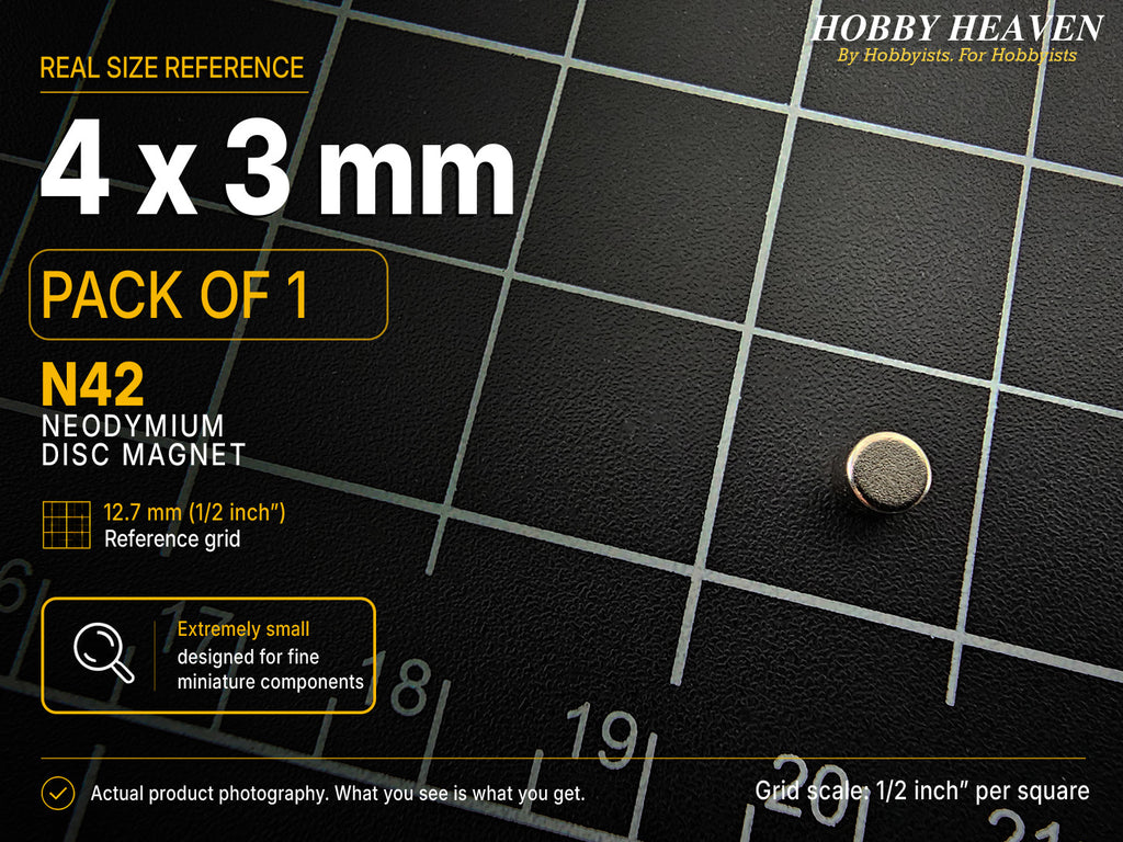 Pack of 1 - single 4 x 3 mm N42 neodymium disc magnet on a half-inch reference grid
