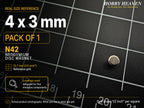 Pack of 1 - single 4 x 3 mm N42 neodymium disc magnet on a half-inch reference grid