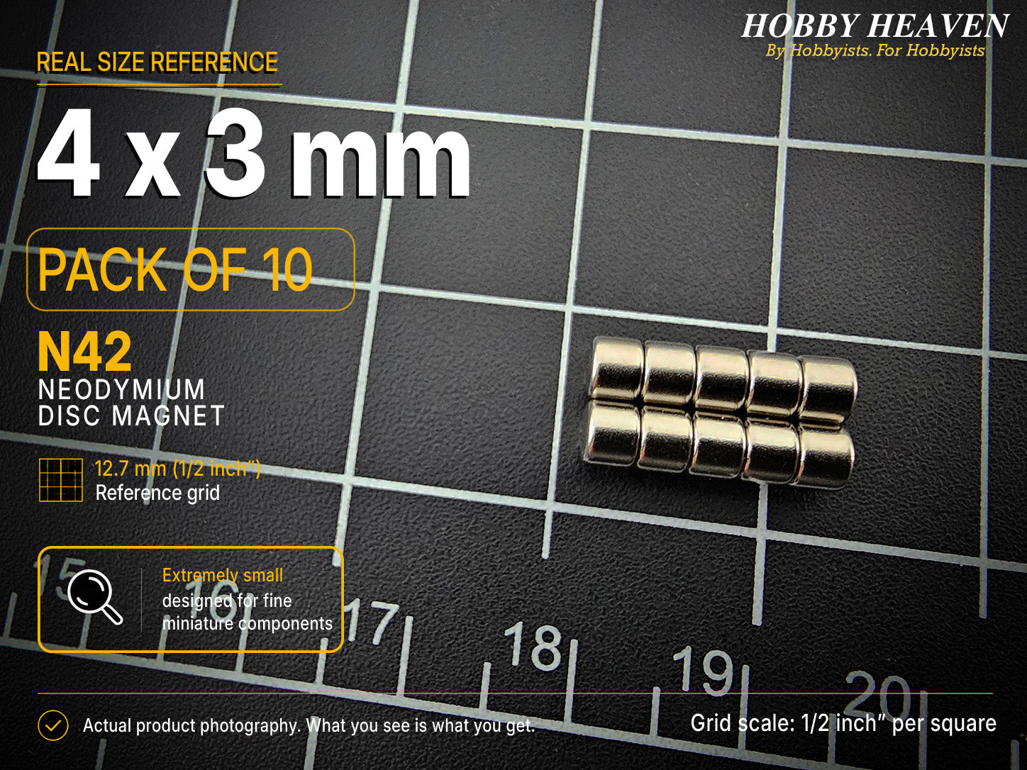 Pack of 10 - 4 x 3 mm N42 neodymium disc magnets in two stacked rows on a half-inch reference grid