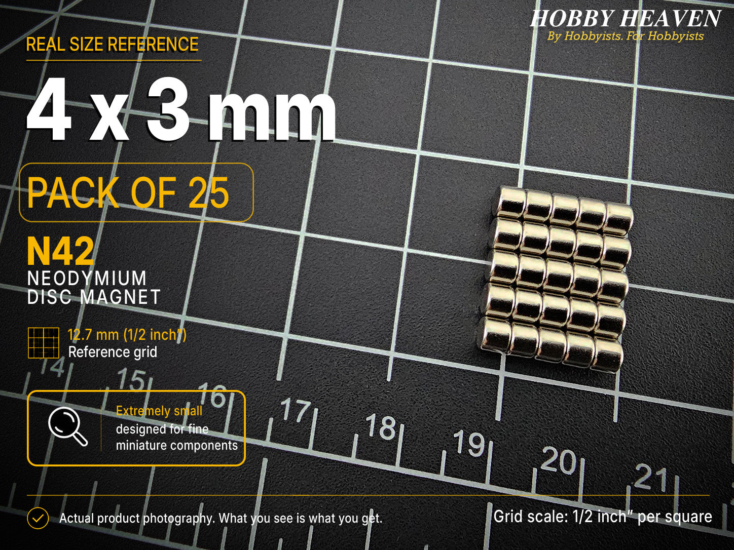 Pack of 25 - 4 x 3 mm N42 neodymium disc magnets in five stacked rows on a half-inch reference grid
