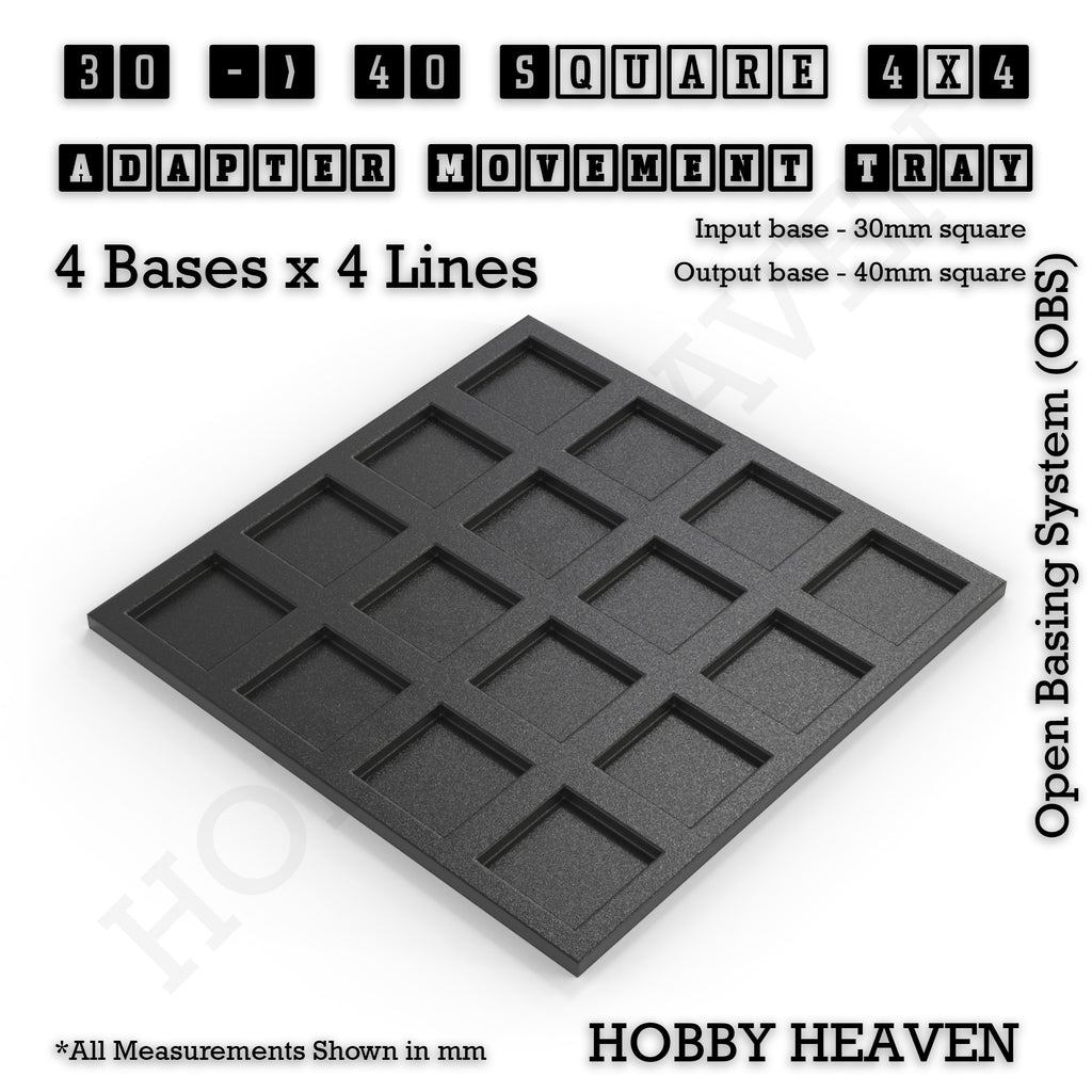 CGI render of the 30 to 40 mm square adapter, 4 × 4 formation, with 16 seats for 30 mm square bases.
