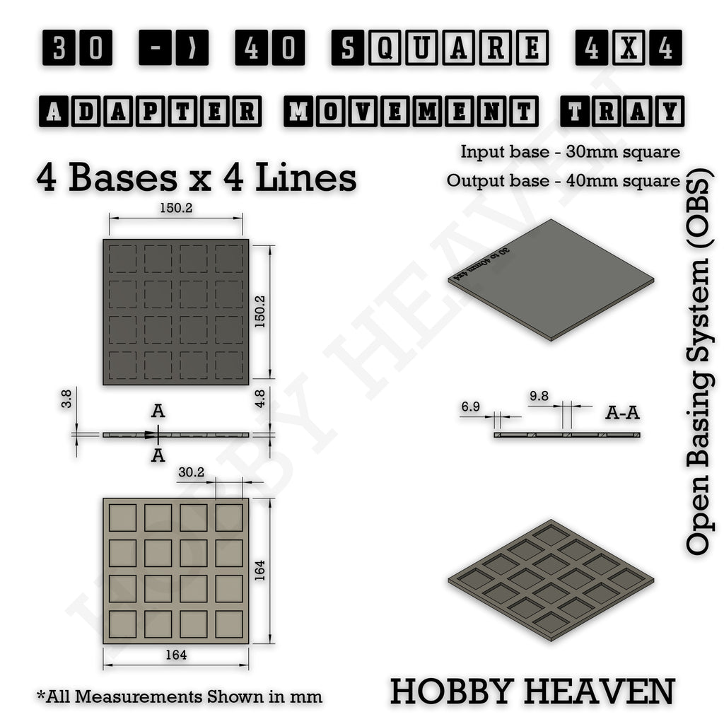 Technical drawing of the 30 to 40 mm square adapter, 4 × 4 formation: 164 × 164 mm overall, 4.8 mm tall.