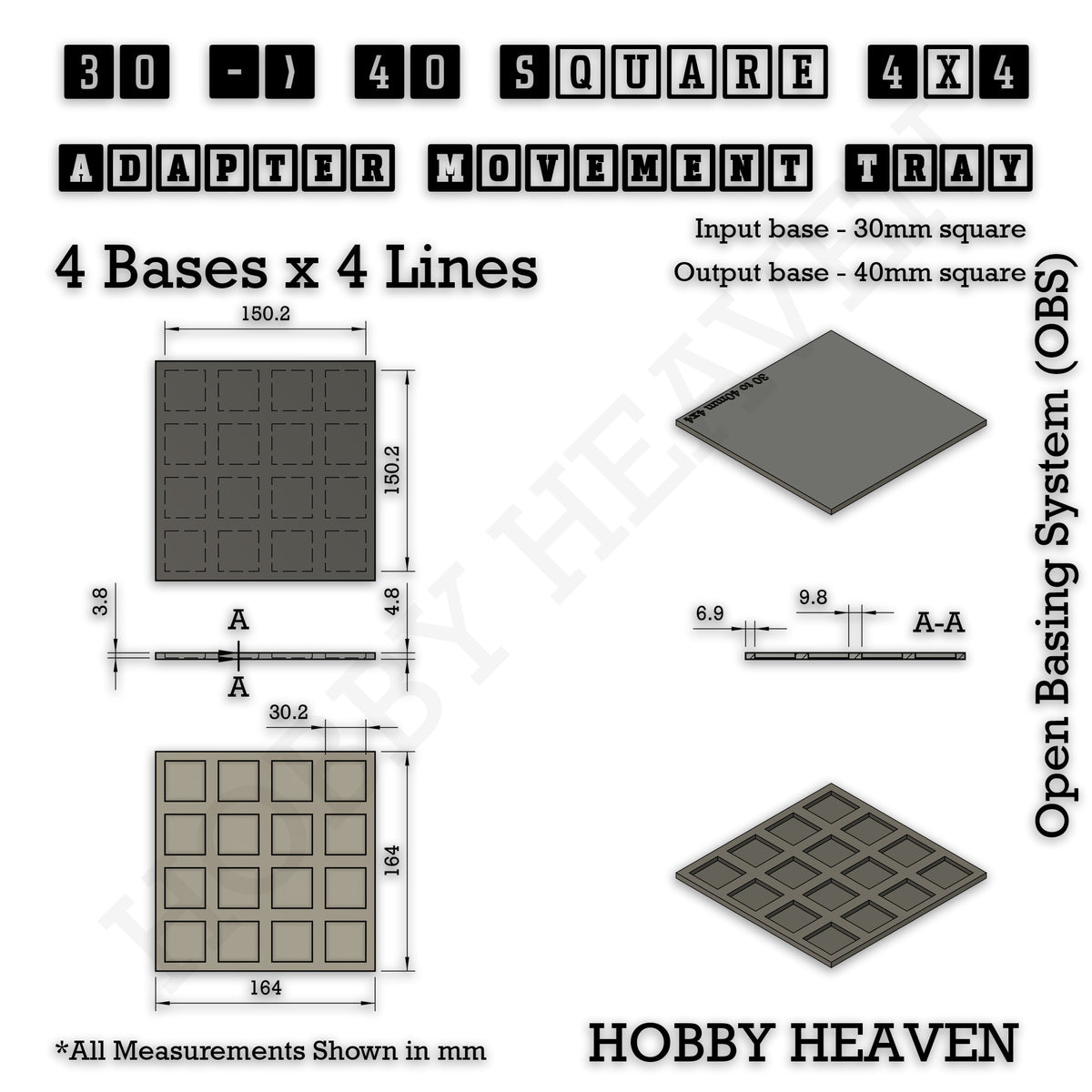 Technical drawing of the 30 to 40 mm square adapter, 4 × 4 formation: 164 × 164 mm overall, 4.8 mm tall.