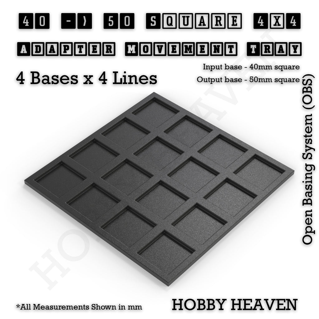 CGI render of the 40 to 50 mm square adapter, 4 × 4 formation, with 16 seats for 40 mm square bases.