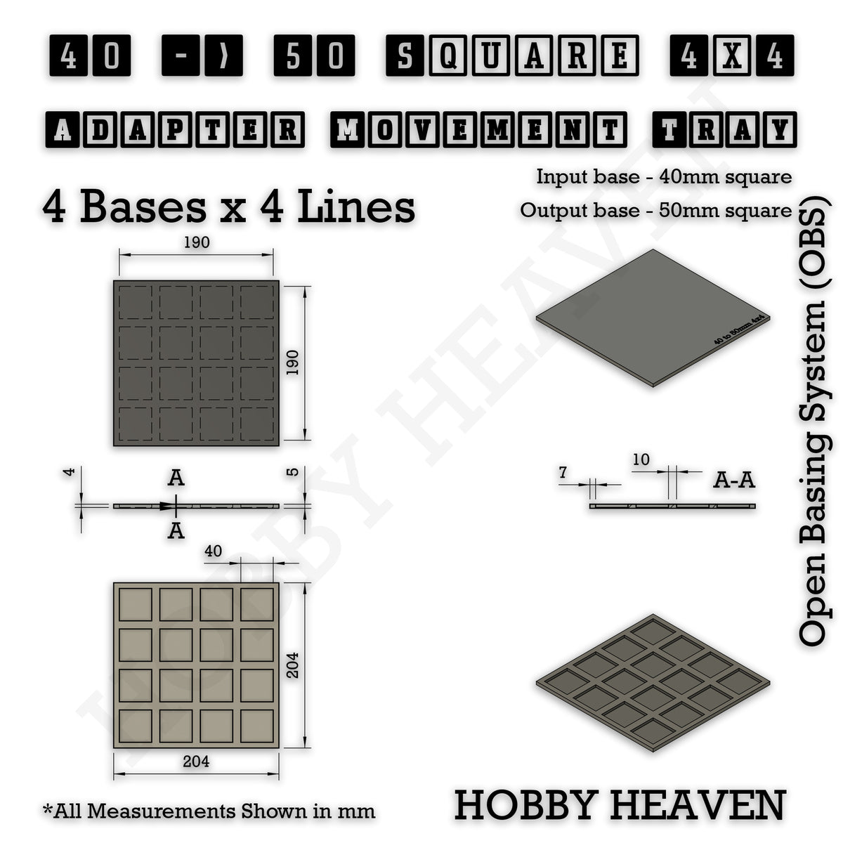 Technical drawing of the 40 to 50 mm square adapter, 4 × 4 formation: 204 × 204 mm overall, 5 mm tall.