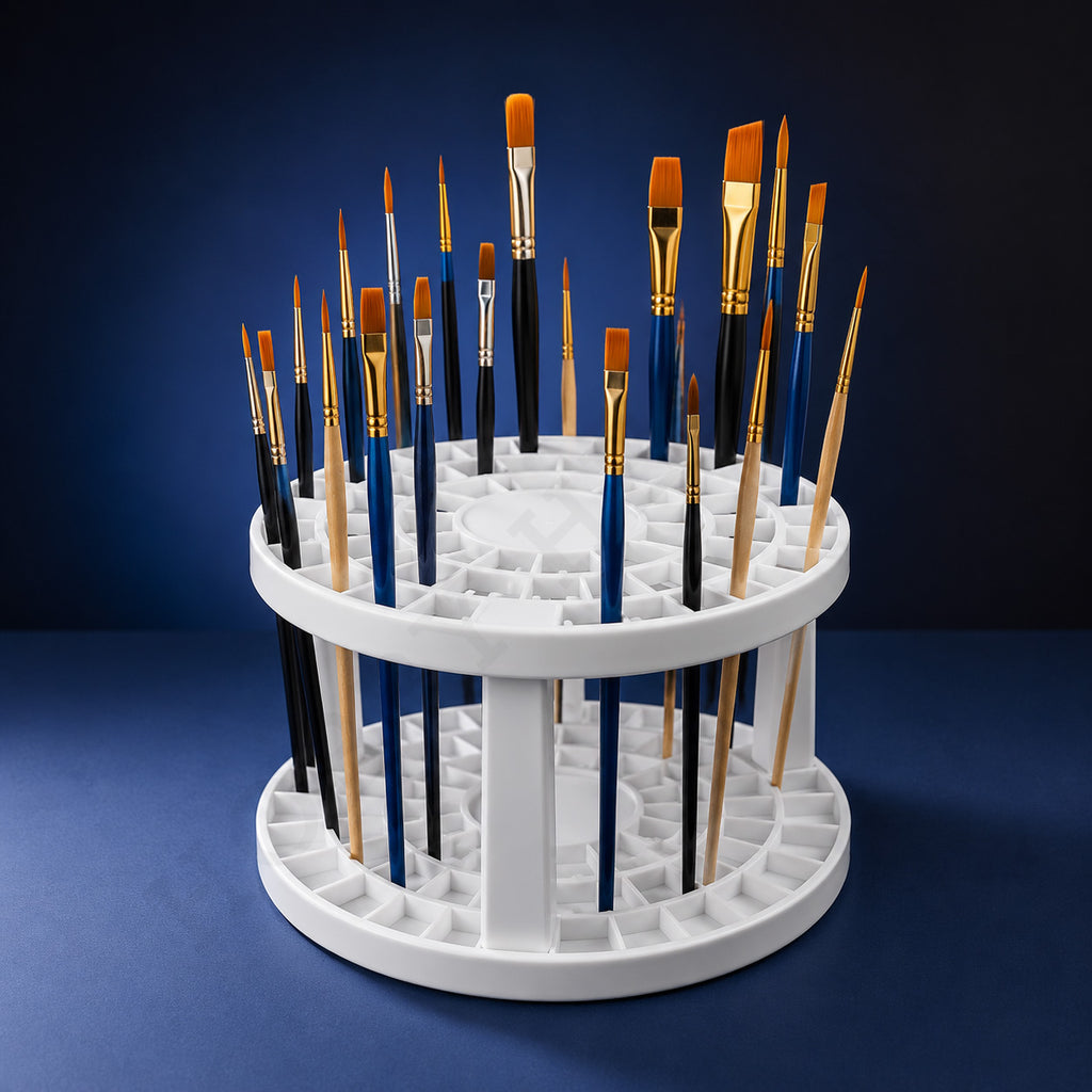 Folding brush holder holding paint brushes upright on a blue background