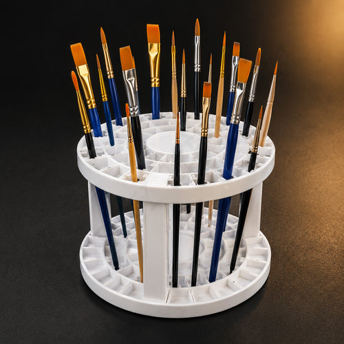 White two-tier folding brush holder filled with assorted artist brushes on a dark background