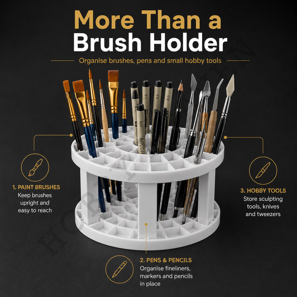 More than a brush holder: organises paint brushes, pens and pencils, and hobby tools like sculpting tools and tweezers