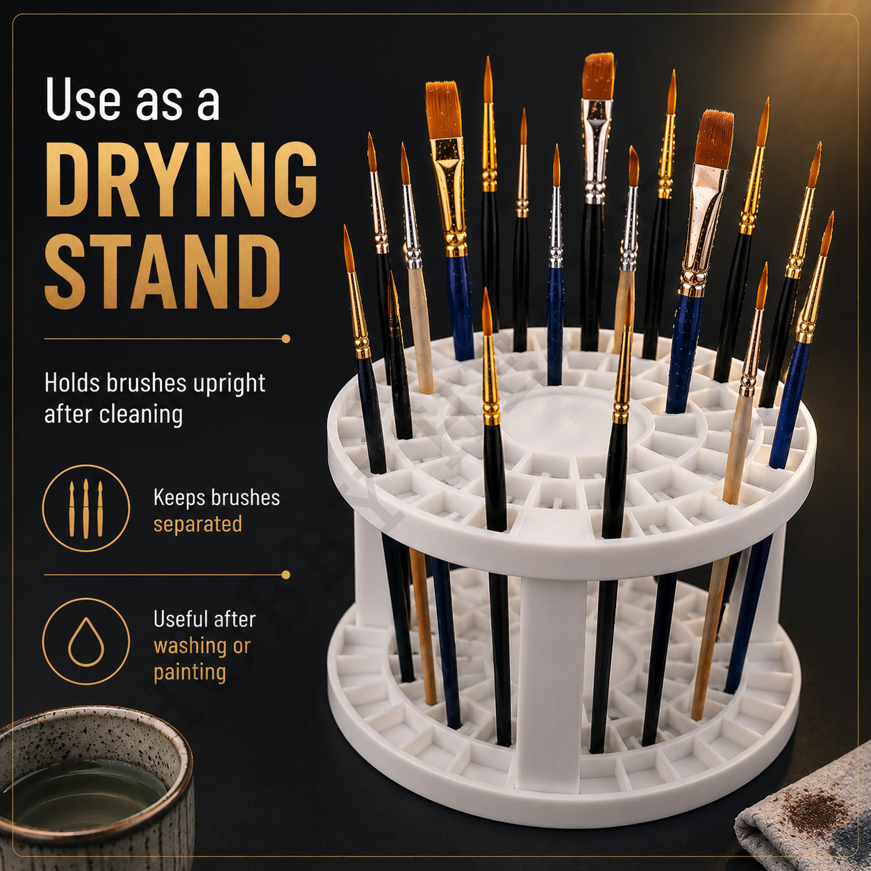 Brush holder used as a drying stand, keeping brushes upright and separated after washing or painting