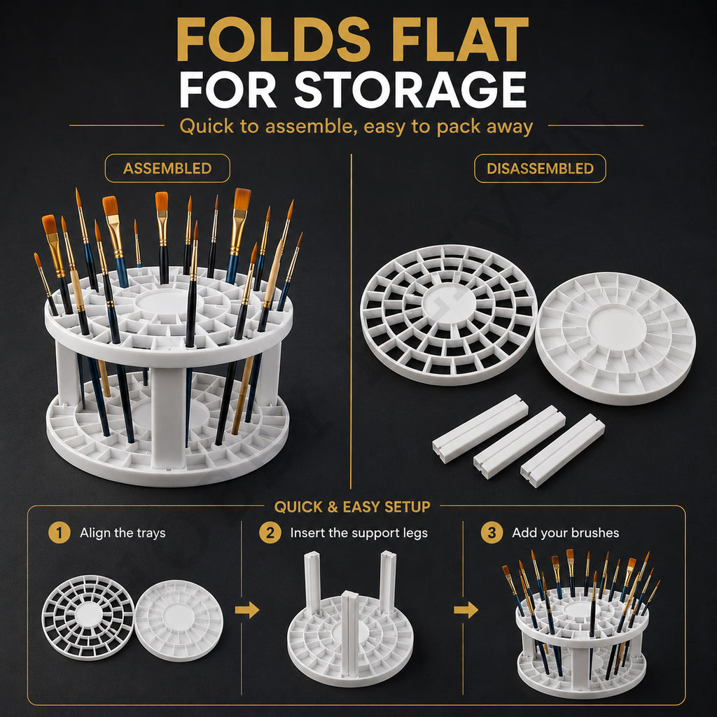 Folding brush holder shown assembled and disassembled, with a three-step setup: align trays, insert legs, add brushes