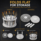 Folding brush holder shown assembled and disassembled, with a three-step setup: align trays, insert legs, add brushes