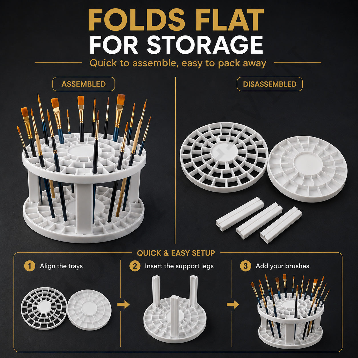 Folding brush holder shown assembled and disassembled, with a three-step setup: align trays, insert legs, add brushes