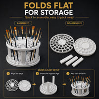 Folding brush holder shown assembled and disassembled, with a three-step setup: align trays, insert legs, add brushes

