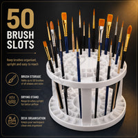 50 brush slots for storage, drying stand and desk organisation, keeping brushes upright and easy to reach
