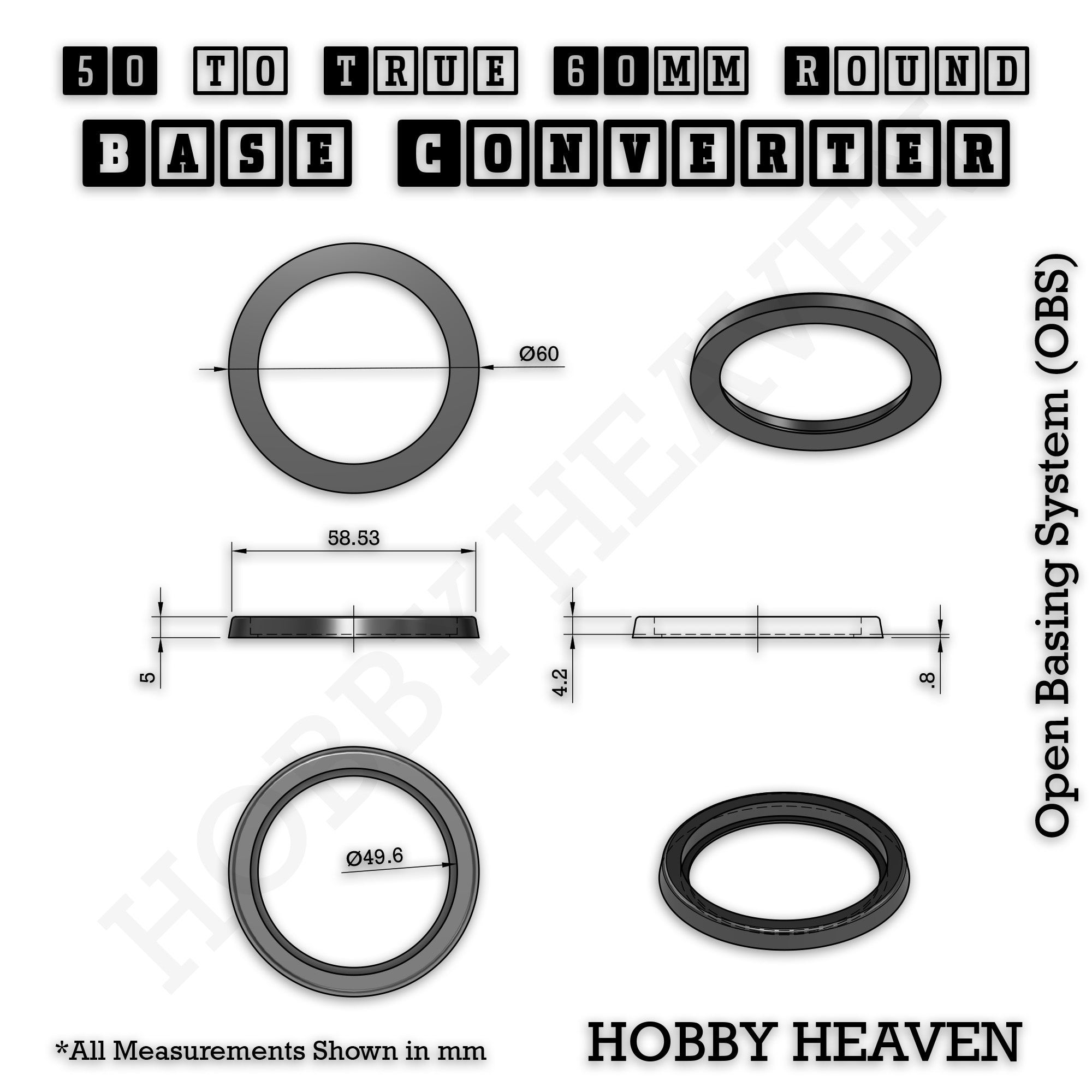 Technical drawing of the 50mm round to true 60mm round base converter: 60.0mm outer diameter, 5mm tall.