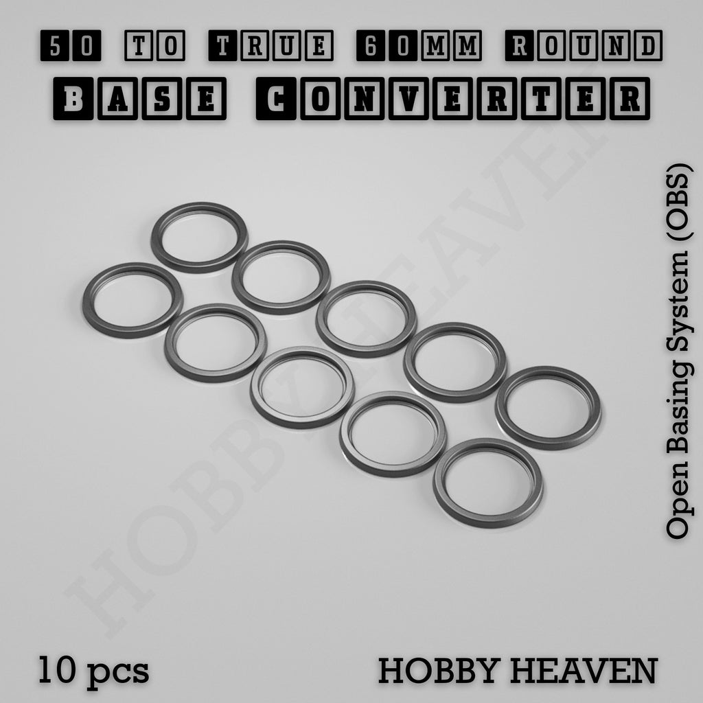 Ten base converters that take a 50mm round base to a true 60mm round footprint, shown loose.