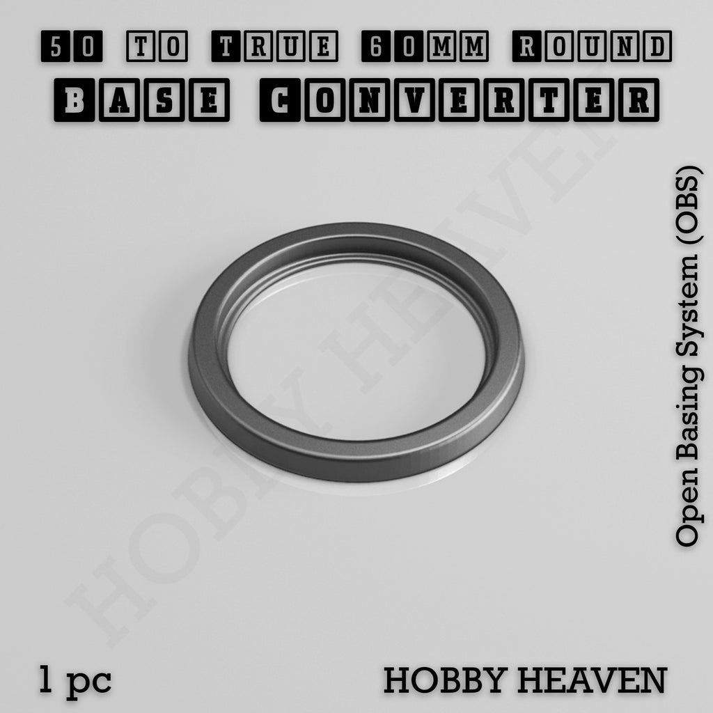 A single base converter that takes a 50mm round base to a true 60mm round footprint, shown alone.