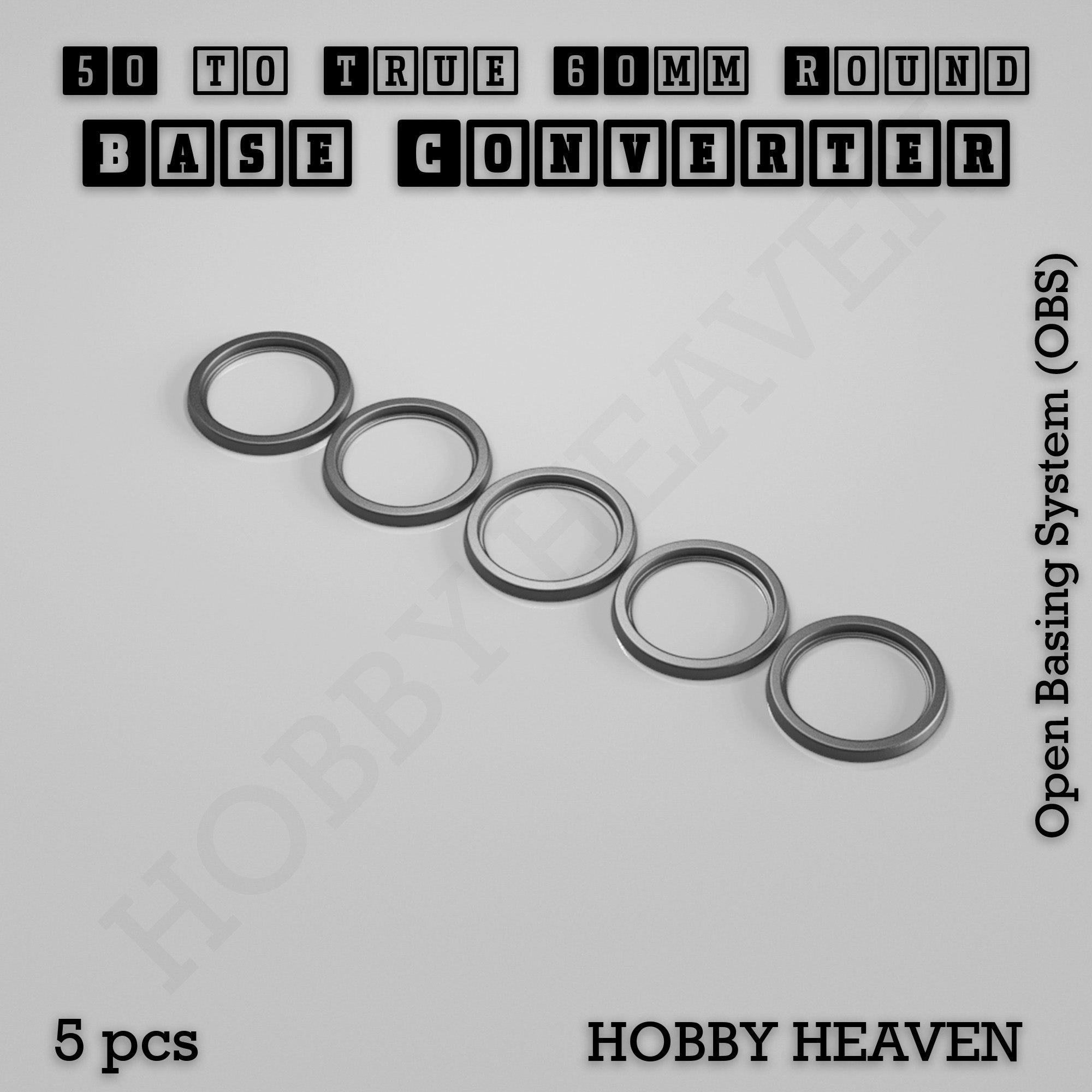 Five base converters that take a 50mm round base to a true 60mm round footprint, shown loose.