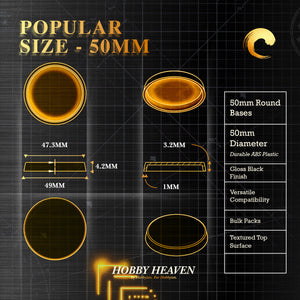 Technical drawing of 50mm round base: top/side views, dimensions, surface texture details, edge profile for miniature wargaming