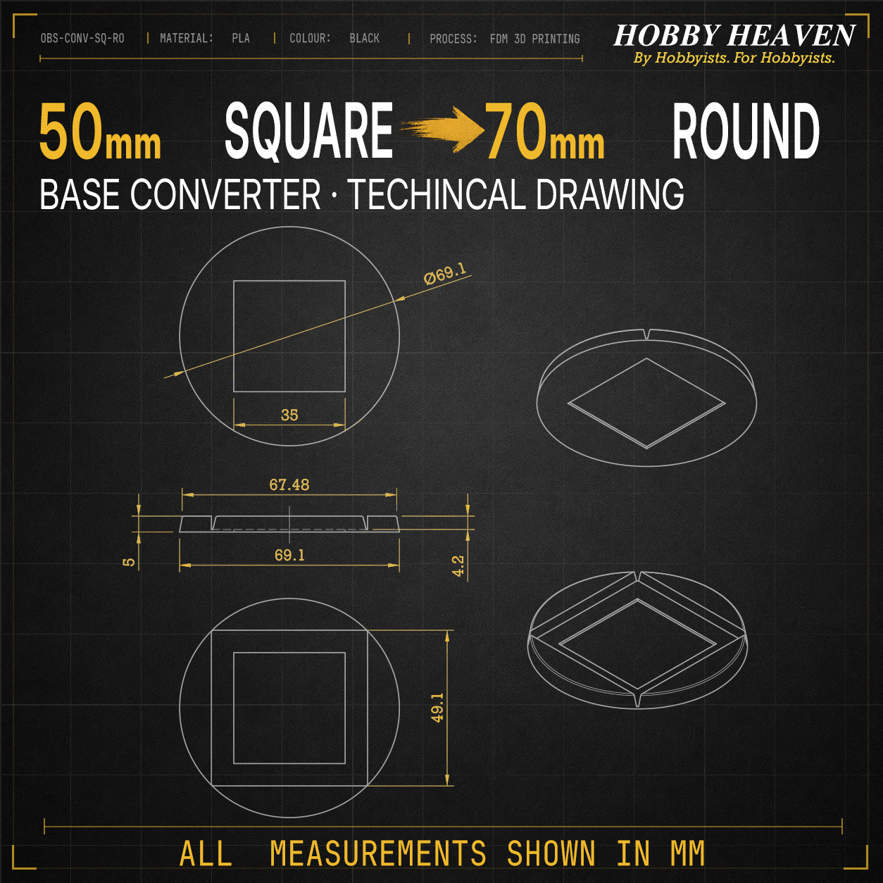 Square to Round Base Converters 3D Print Full Range