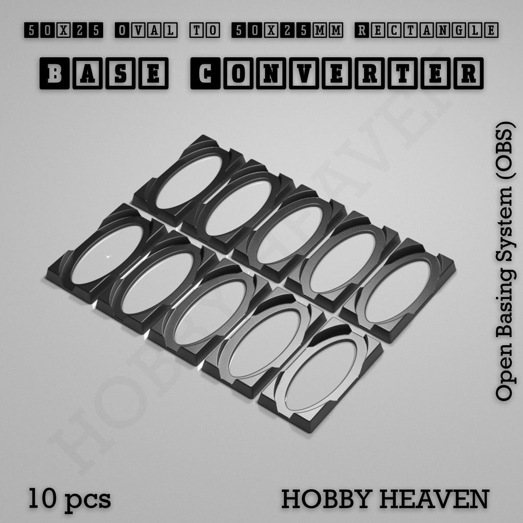 Ten converters that give a 50x25mm oval base a 50x25mm rectangular footprint, shown loose.