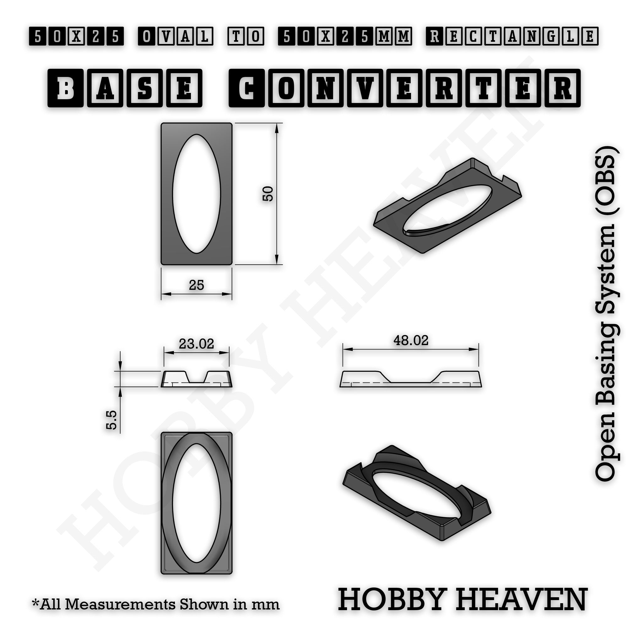 Technical drawing of the 50x25mm oval to 50x25mm rectangle base converter: 50 x 25mm, 5.5mm tall.