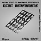 Twenty-five converters that give a 50x25mm oval base a 50x25mm rectangular footprint, shown loose.
