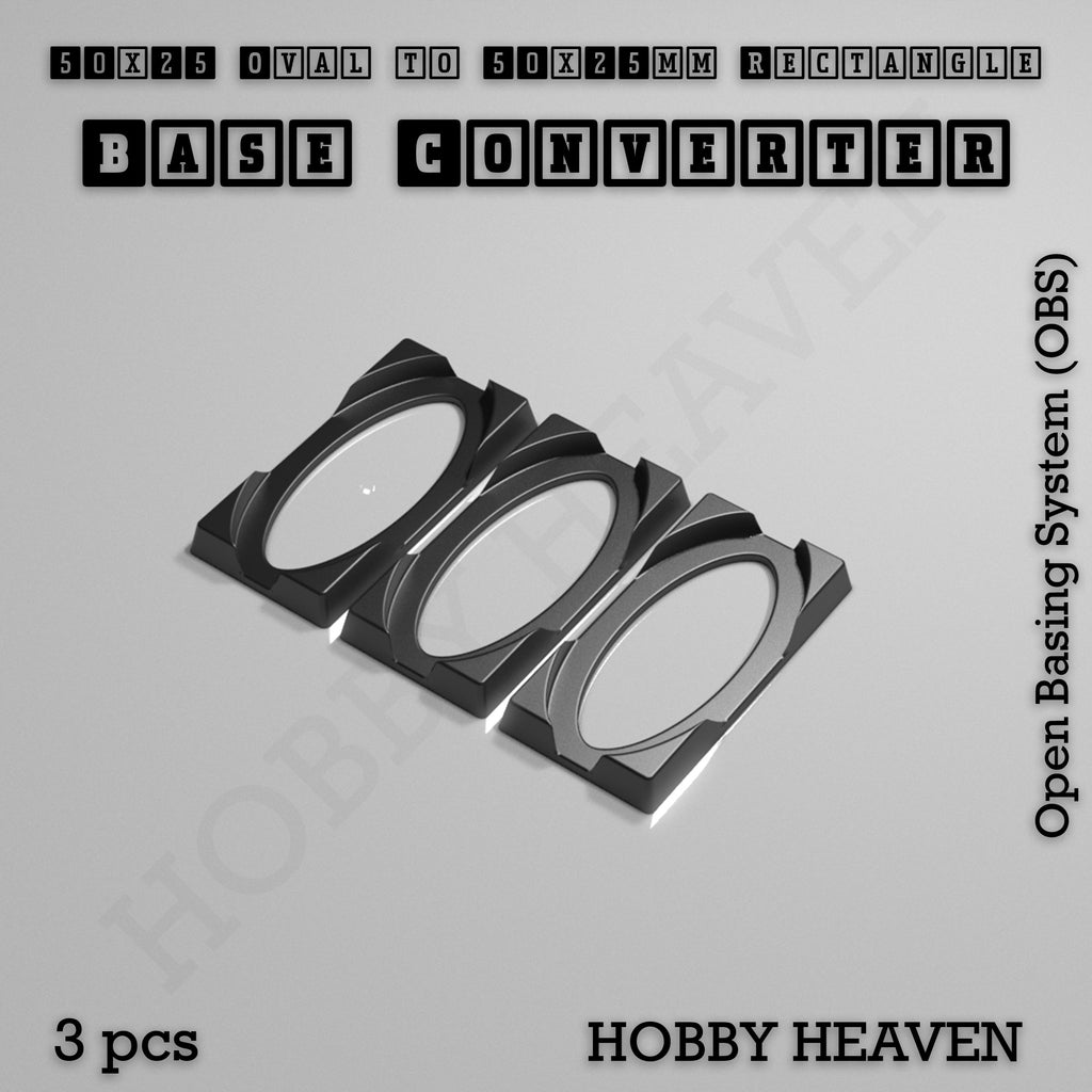 Three converters that give a 50x25mm oval base a 50x25mm rectangular footprint, shown loose.