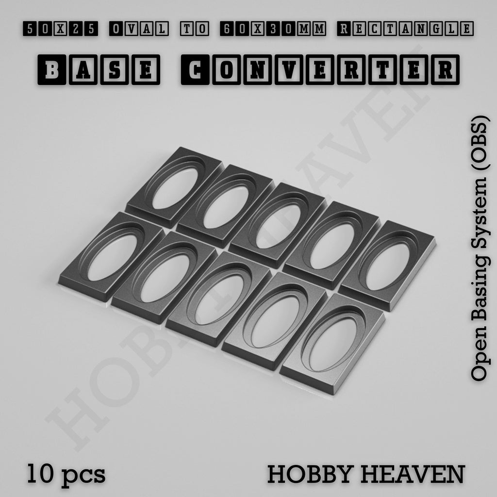 Ten converters that give a 50x25mm oval base a 60x30mm rectangular footprint, shown loose.