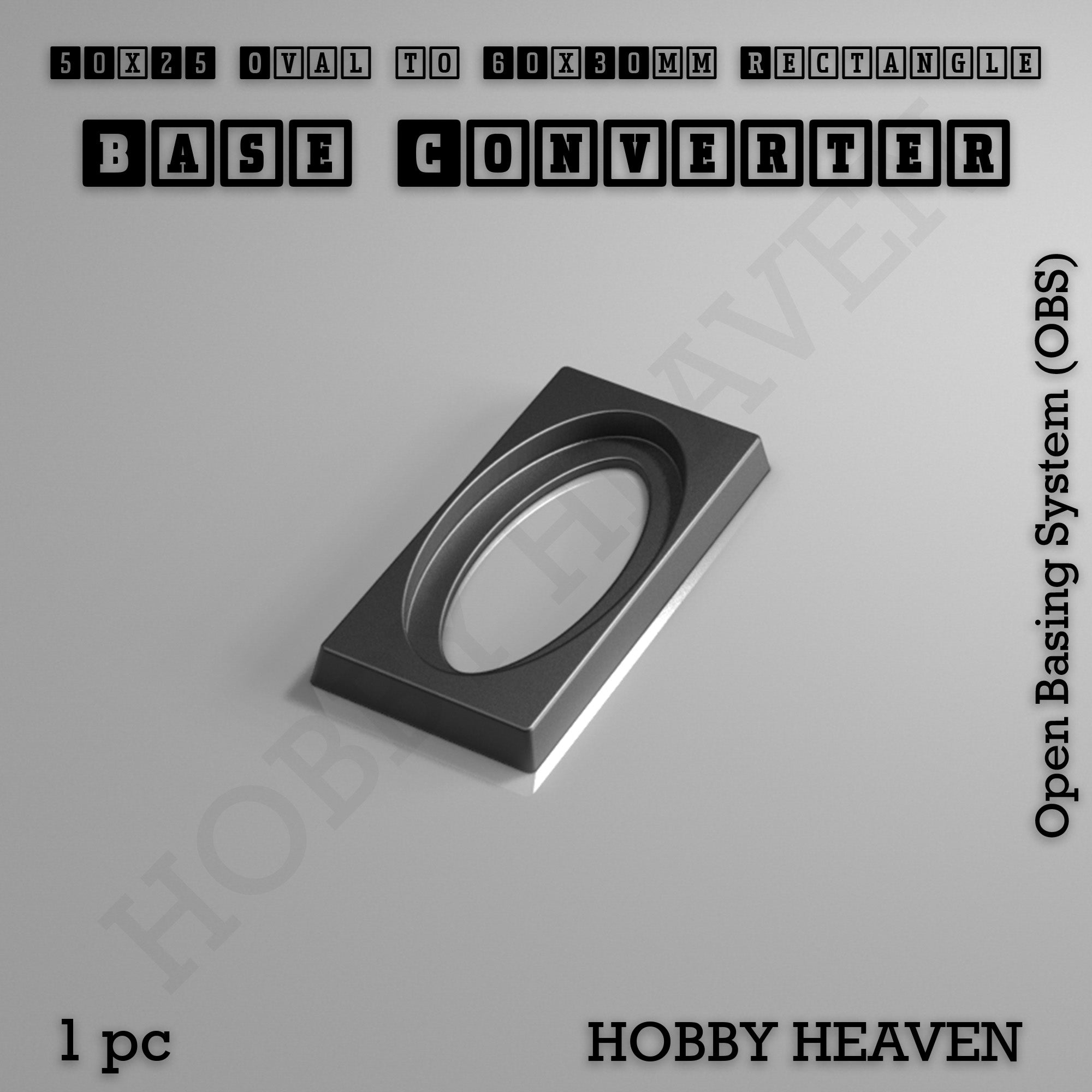 A single converter that gives a 50x25mm oval base a 60x30mm rectangular footprint, shown alone.