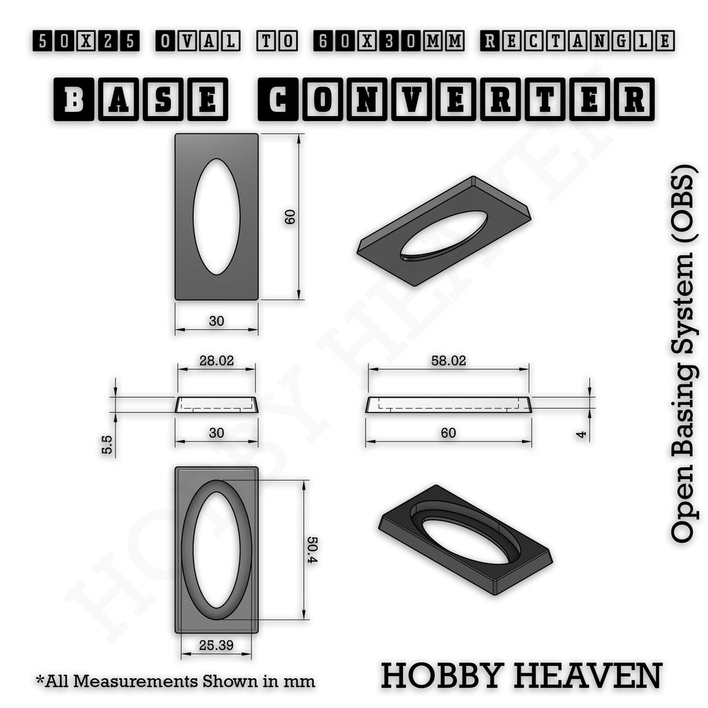 Technical drawing of the 50x25mm oval to 60x30mm rectangle base converter: 60 x 30mm, 5.5mm tall.