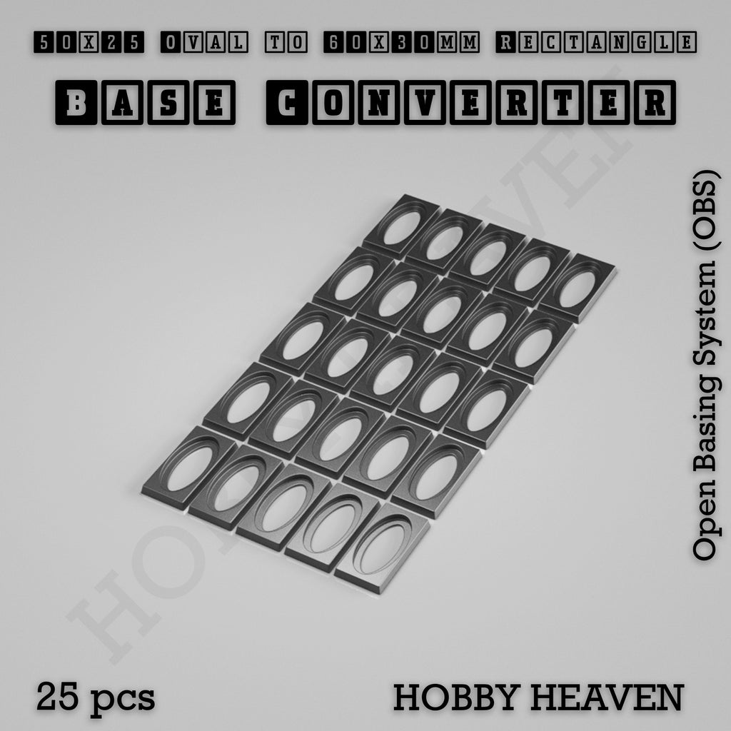 Twenty-five converters that give a 50x25mm oval base a 60x30mm rectangular footprint, shown loose.