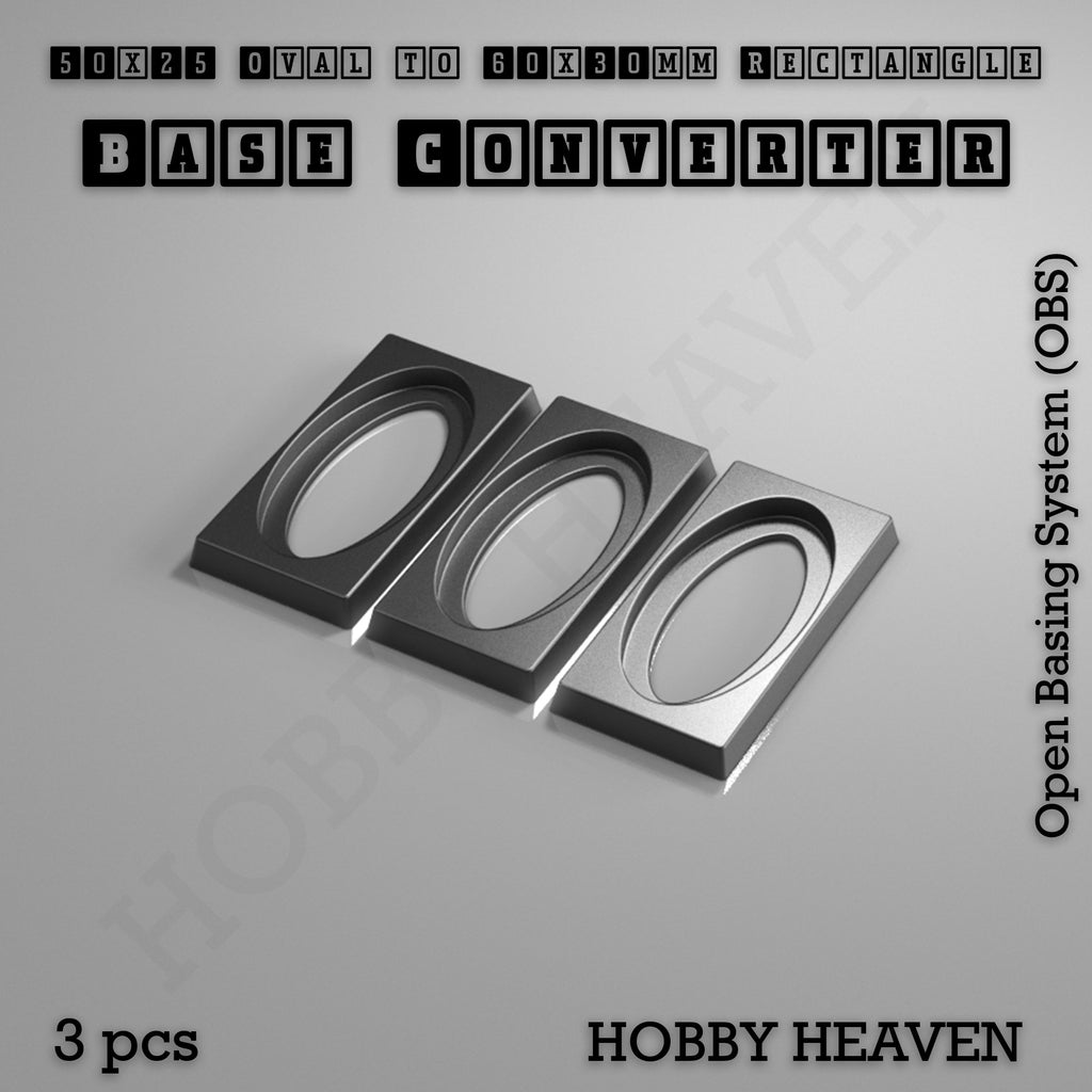 Three converters that give a 50x25mm oval base a 60x30mm rectangular footprint, shown loose.