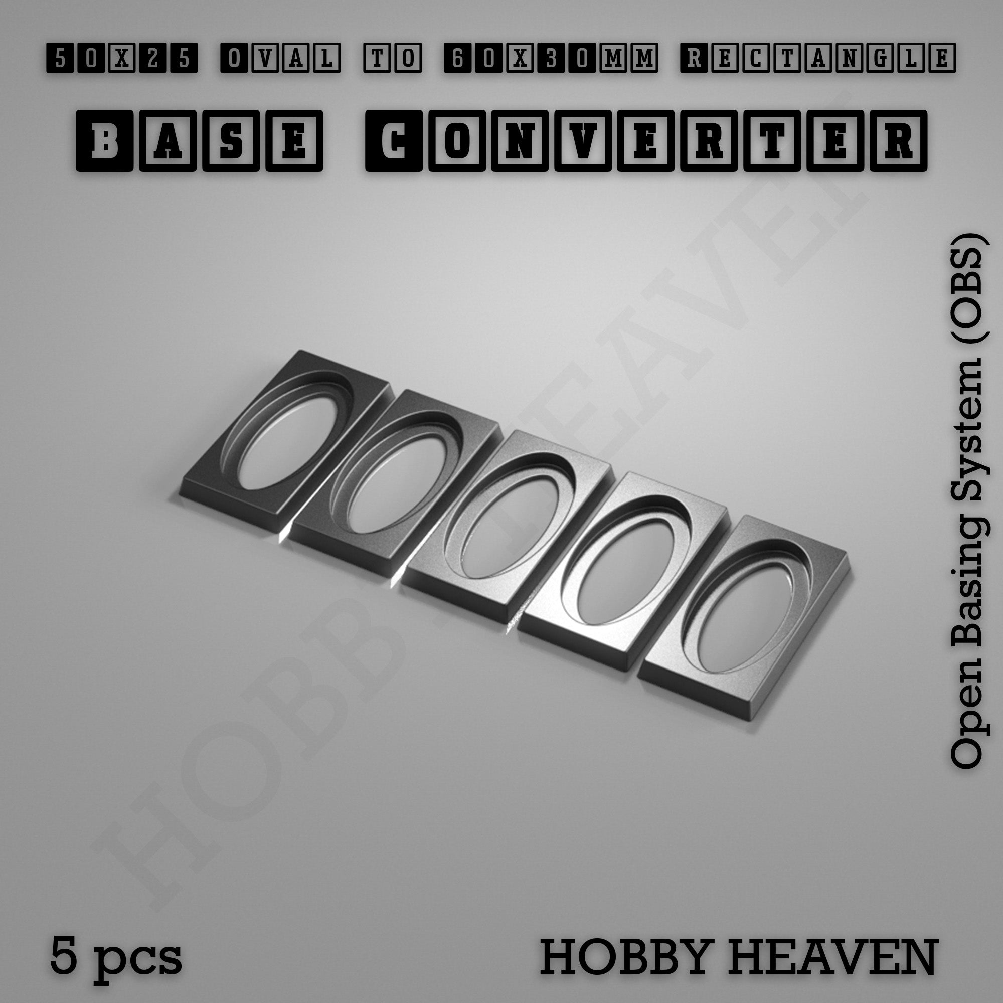Five converters that give a 50x25mm oval base a 60x30mm rectangular footprint, shown loose.