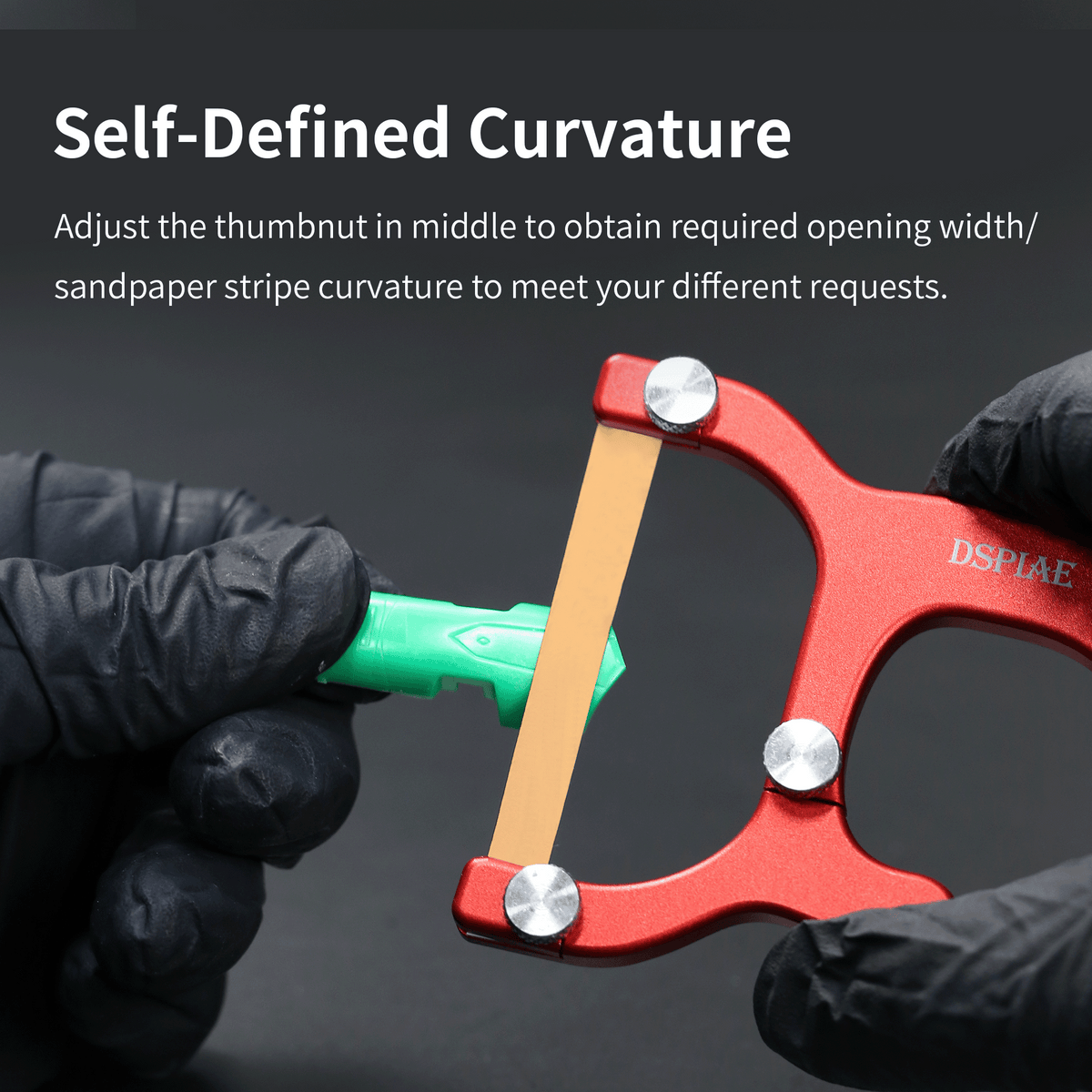 Self-defined curvature graphic: the middle thumbnut being set to bow the strip over a green part
