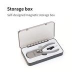 Storage box graphic: the self-designed magnetic case open with the ST-C2 in its leather cover