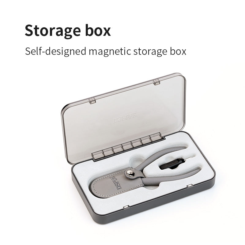 Storage box graphic: the self-designed magnetic case open with the ST-C2 in its leather cover