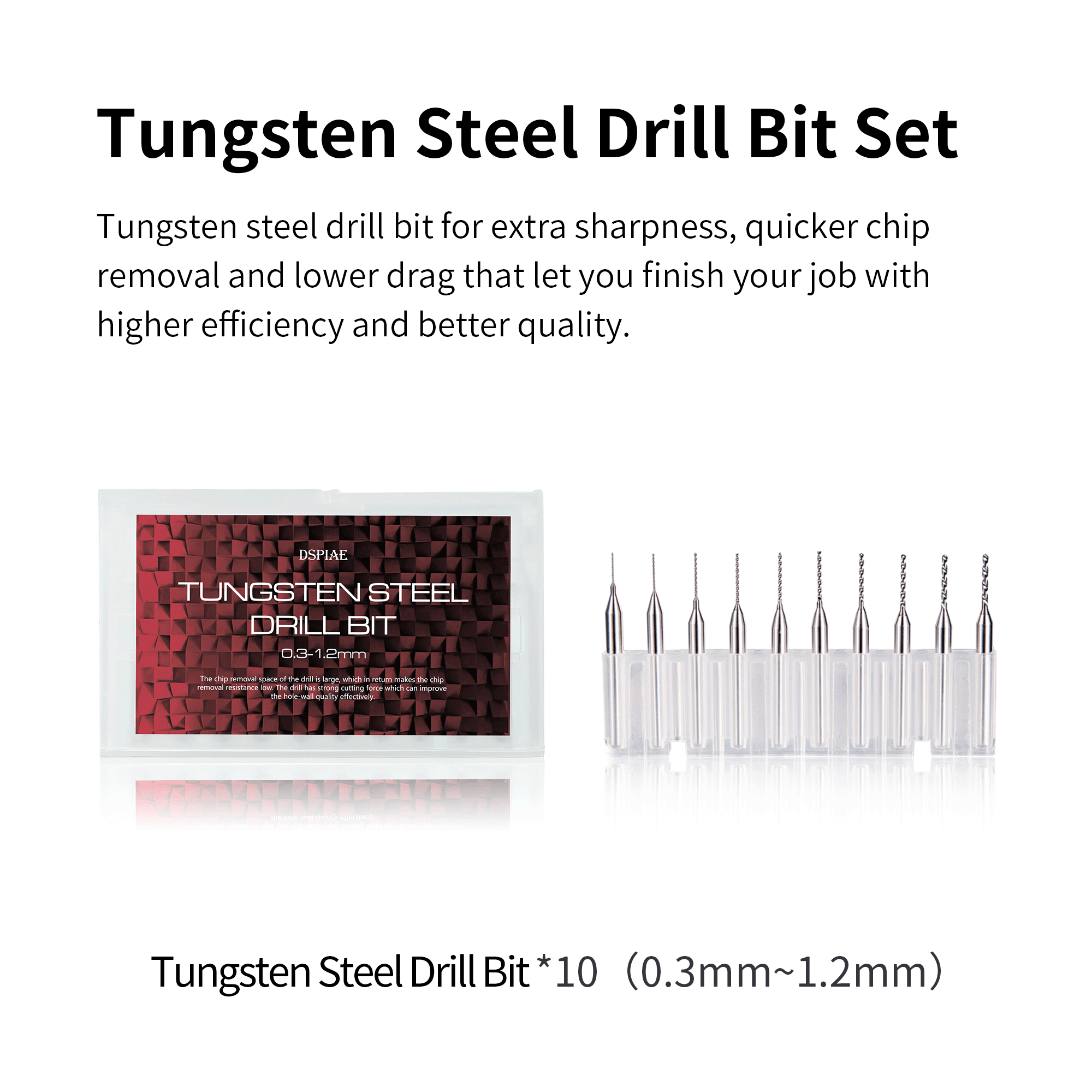Ten tungsten steel drill bits 0.3 to 1.2 mm in plastic stand beside labelled case