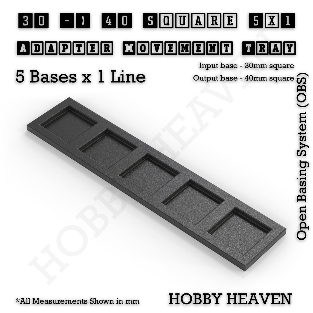 CGI render of the 30 to 40 mm square adapter, 5 × 1 formation, with 5 seats for 30 mm square bases.