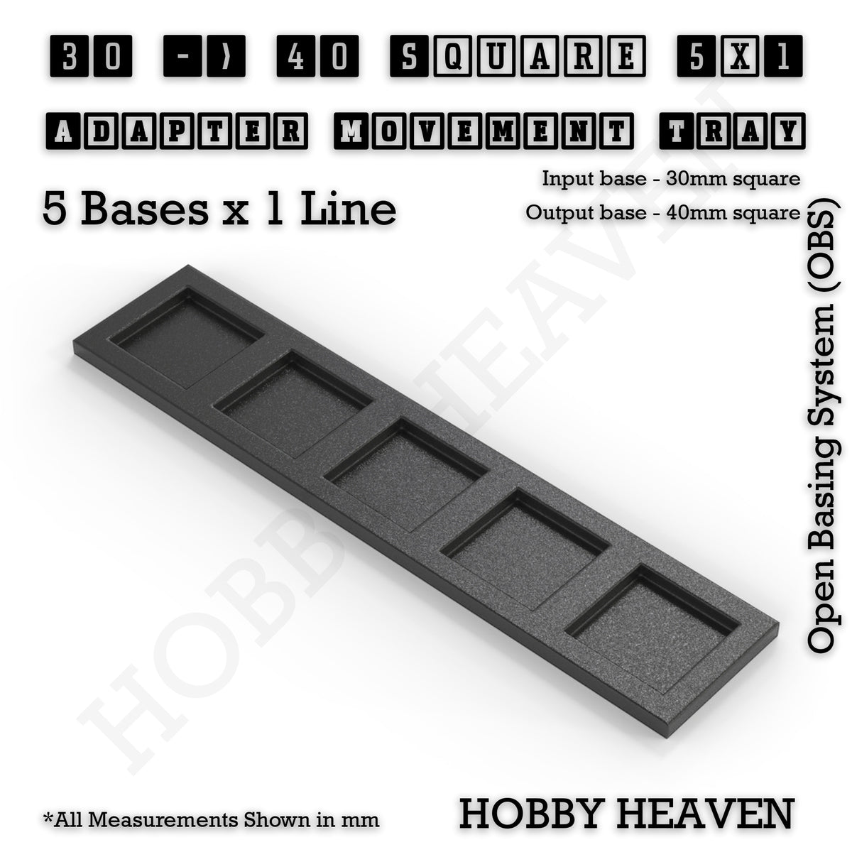CGI render of the 30 to 40 mm square adapter, 5 × 1 formation, with 5 seats for 30 mm square bases.