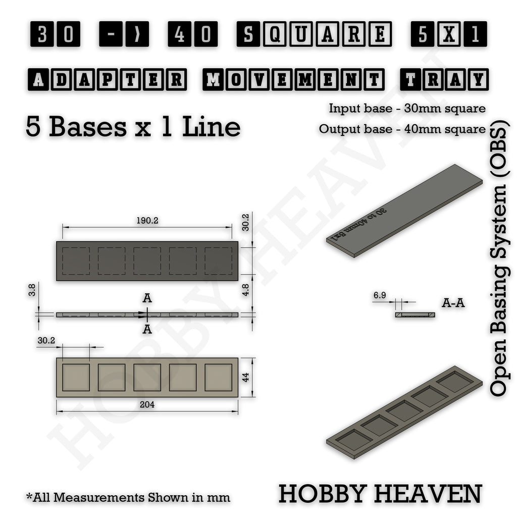 Technical drawing of the 30 to 40 mm square adapter, 5 × 1 formation: 204 × 44 mm overall, 4.8 mm tall.